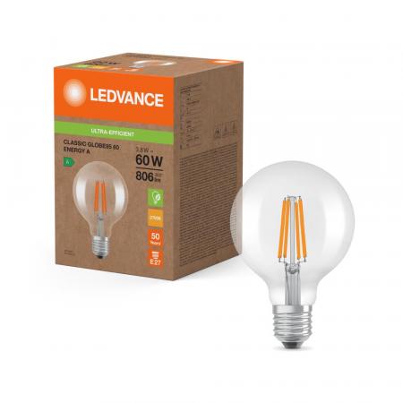Ledvance E27 Besonders Effiziente LED Kugellampe Globe 95 Classic 3,8W wie 60W 2700K warmweißes Licht